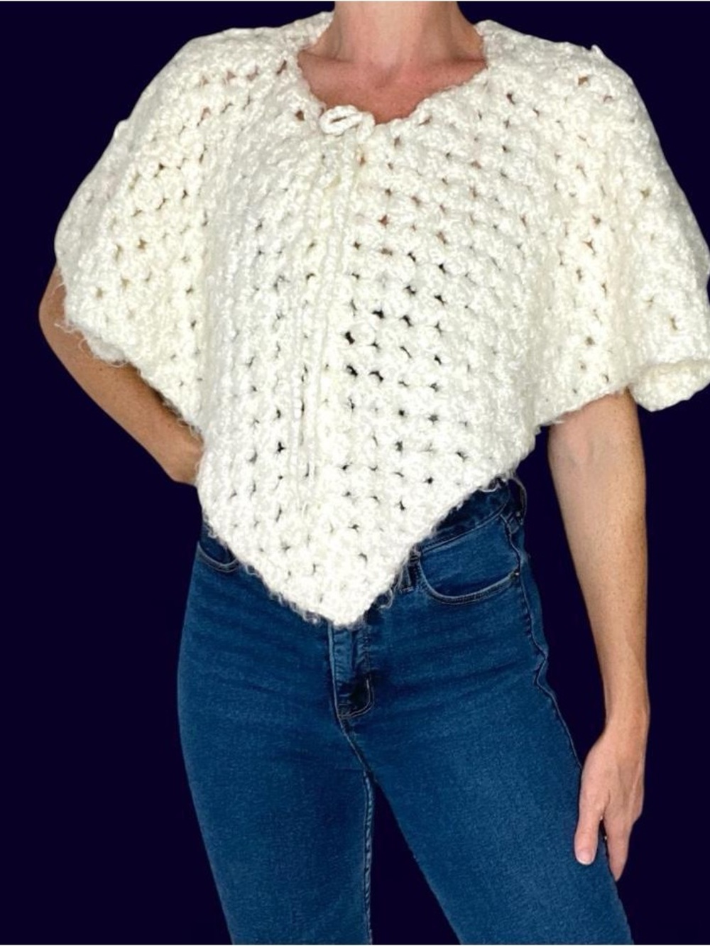 Vintage Handmade Women/Kids Cream White Crochet Poncho Shawl